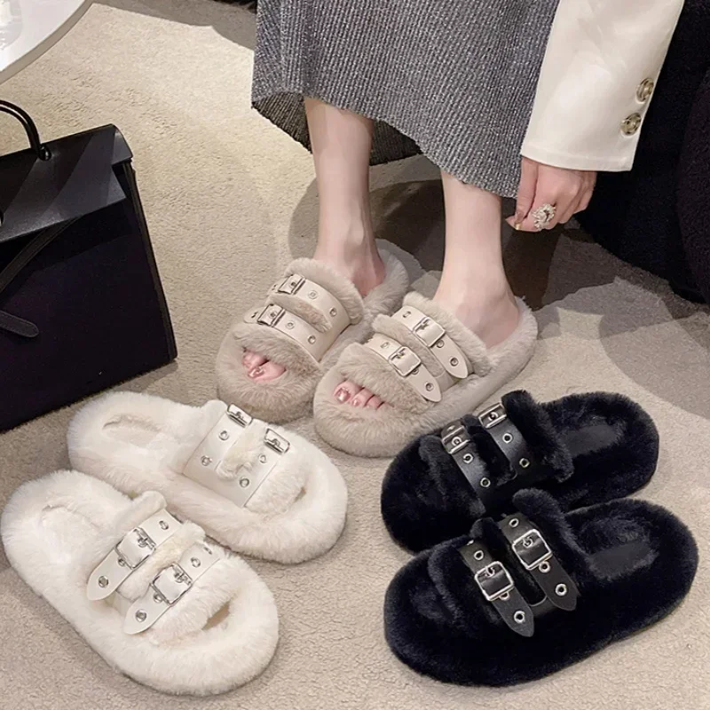 New Winter Thick-soled Plus Velvet Warm/comfortable Fur Slippers with Round Toe Flat Bottom Buckle Decorative Women's Slippers