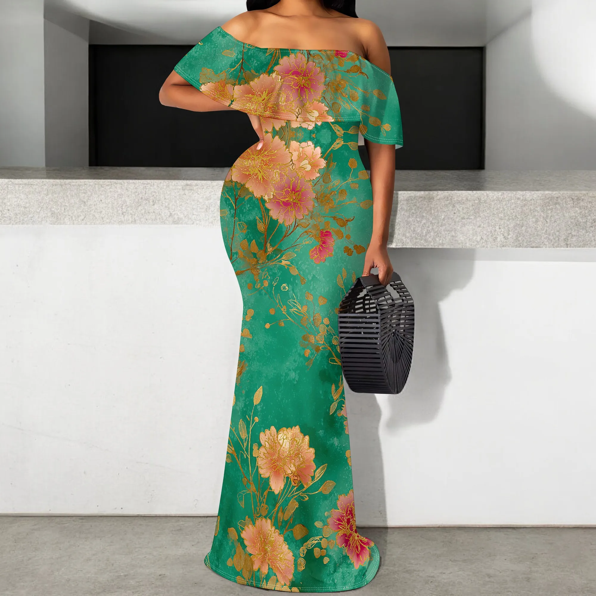 

Off-Shoulder Floral & Butterfly Print Maxi Dress, Plus Size S-3XL – Perfect for Spring & Summer