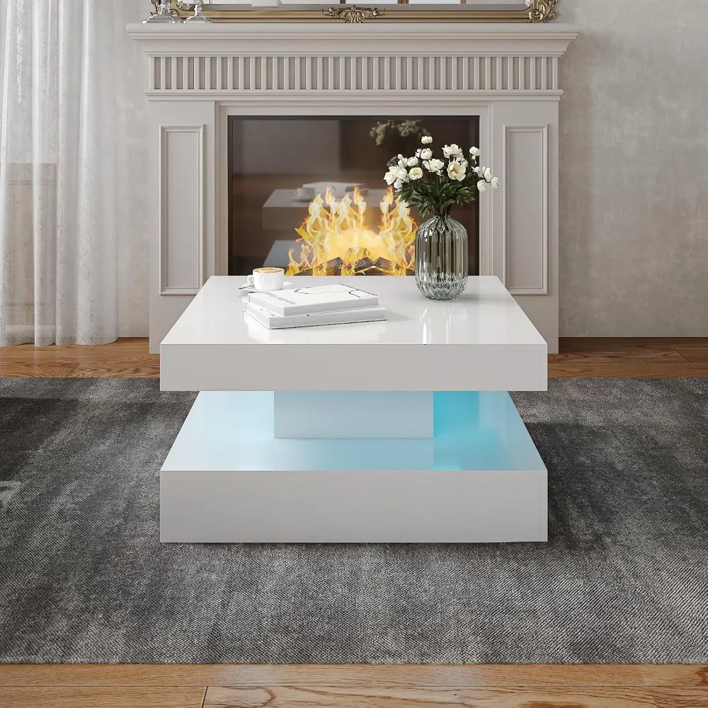 Tavolino da caffè moderno quadrato a LED a 2 livelli per soggiorno, tavolo centrale contemporaneo in legno lucido con design elegante