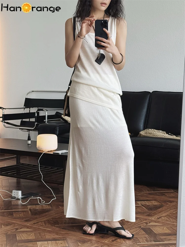 

HanOrange 2025 Summer Lazy Wool U-neck Vest+A-line Skirt Slimming Casual 2pcs Set Women White/Black/Gray