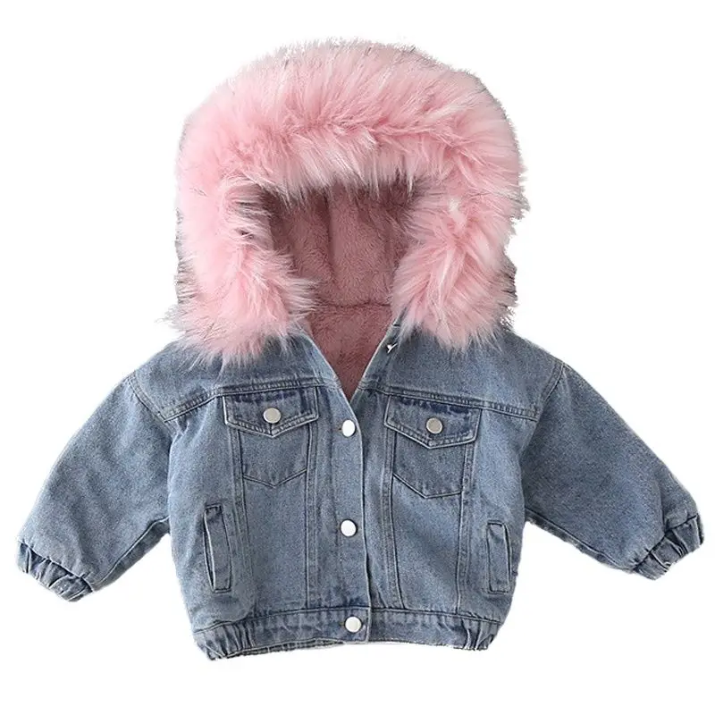 Winter Baby Girl Warm Thick Denim Jacket Fur Hooded Toddler Girl Baby Outerwear Denim Jacket Cotton Kids Boys Parka Children