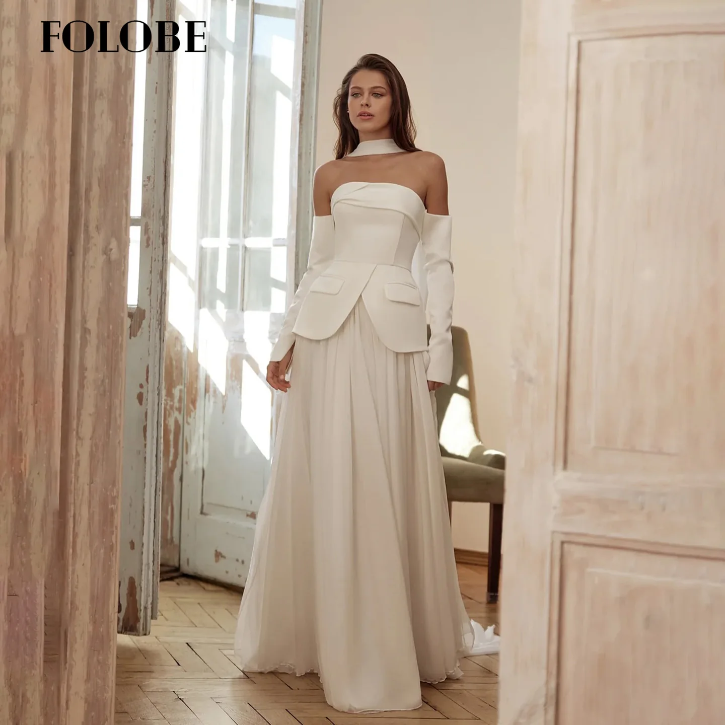 

FOLOBE Strapless Shiny Satin A-Line Bridal Gown Wedding Dress Two Pices vestidos de noche Ball Gown Wedding Party Customized