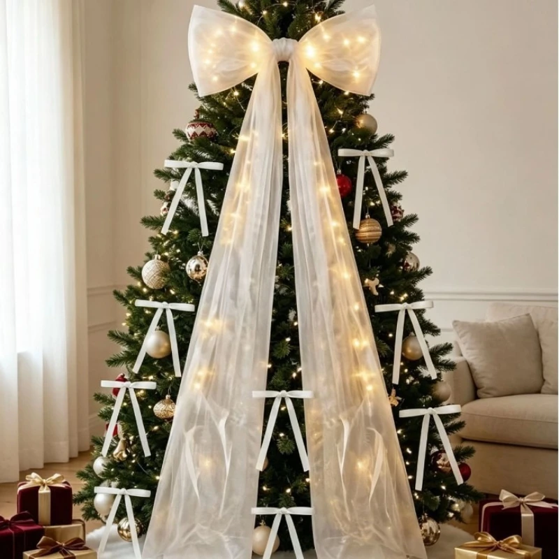 Glowing Pink/White Giant Bows Pendant for Christmas Tree Home Door Window Corridor Sparkly Organza Bowknot Hanging Decor Prop