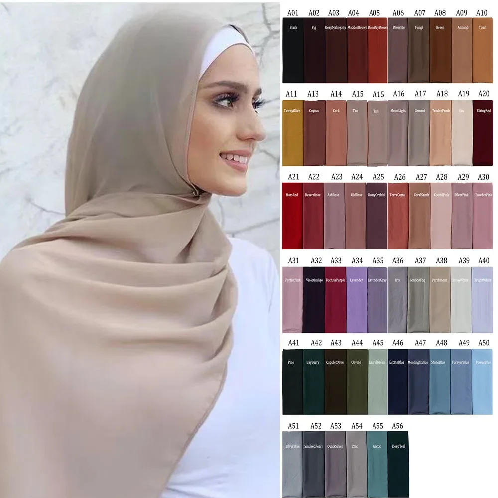 Écharpe Hijab en Mousseline de Soie pour Femme, Châles Islamiques Ronds, Bande de Sauna, Hijabs Musulmans, Écharpes, 56 Couleurs Unies