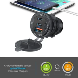 115W Aluminum Car Charger Socket Three USB Ports Fast Charger Outlet with Power Switch 12V/24V for Car Boat Marine RV Motorcycle