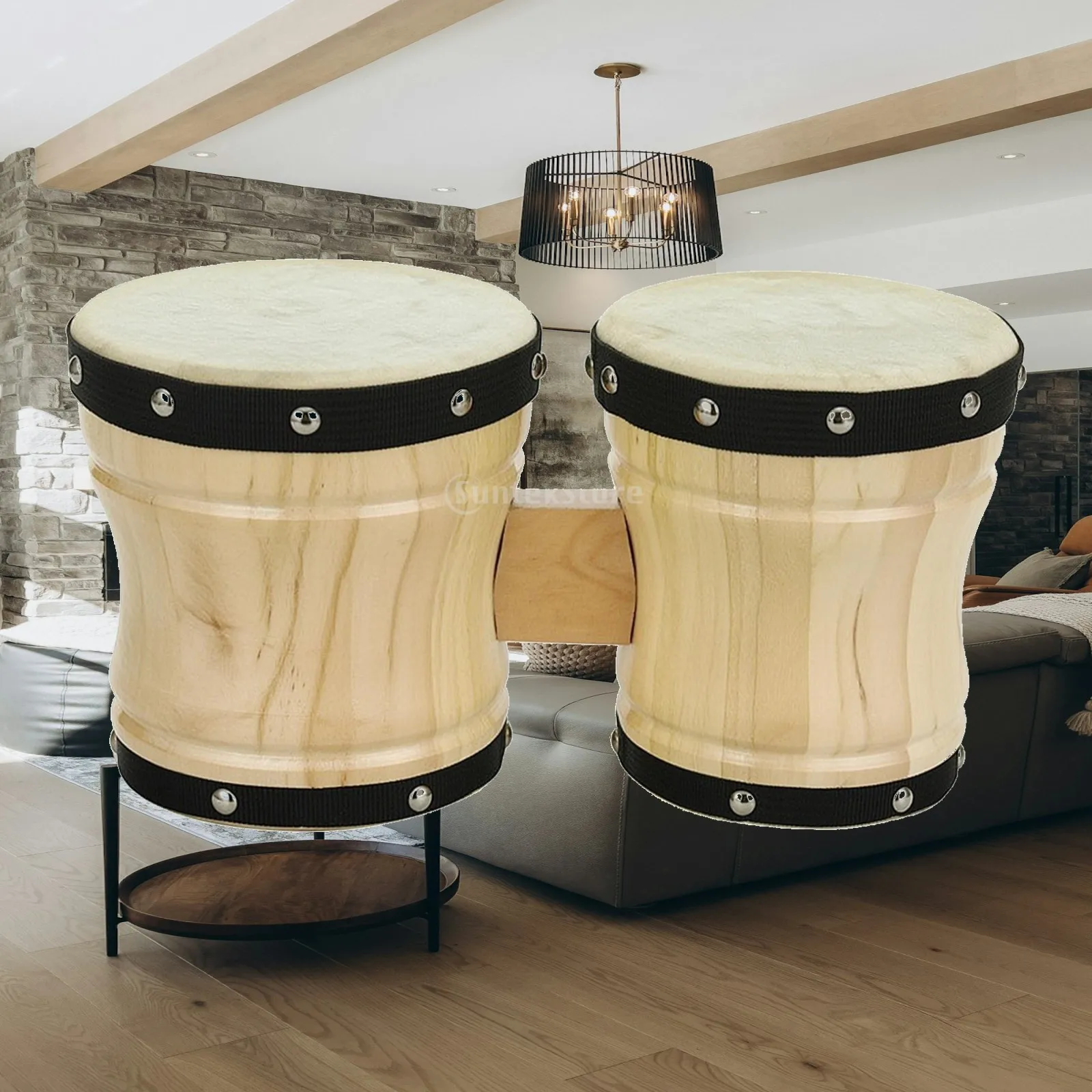 Childrens Bongo Drum Wooden Musical Instrument for Beginners Rhythm Training Portable Percussion with Black Hoops