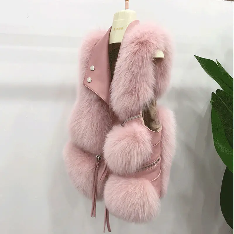 

Winter Mink Fur Faux Leather Stitching Waistcoat Imitation Fox Fur Splice Zipper Vest Turn Down Collar Sleeveless PU Jacket Tops
