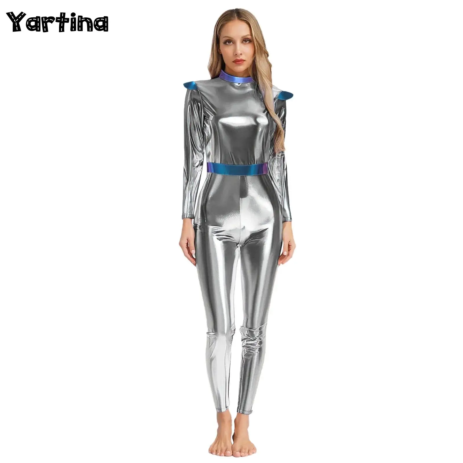 المرأة الغريبة رائد الفضاء الفضاء الخارجي كرنفال تأثيري حلي طويلة الأكمام عالية الخصر بذلة طويلة الفضاء الخارجي كتي روبوت زي