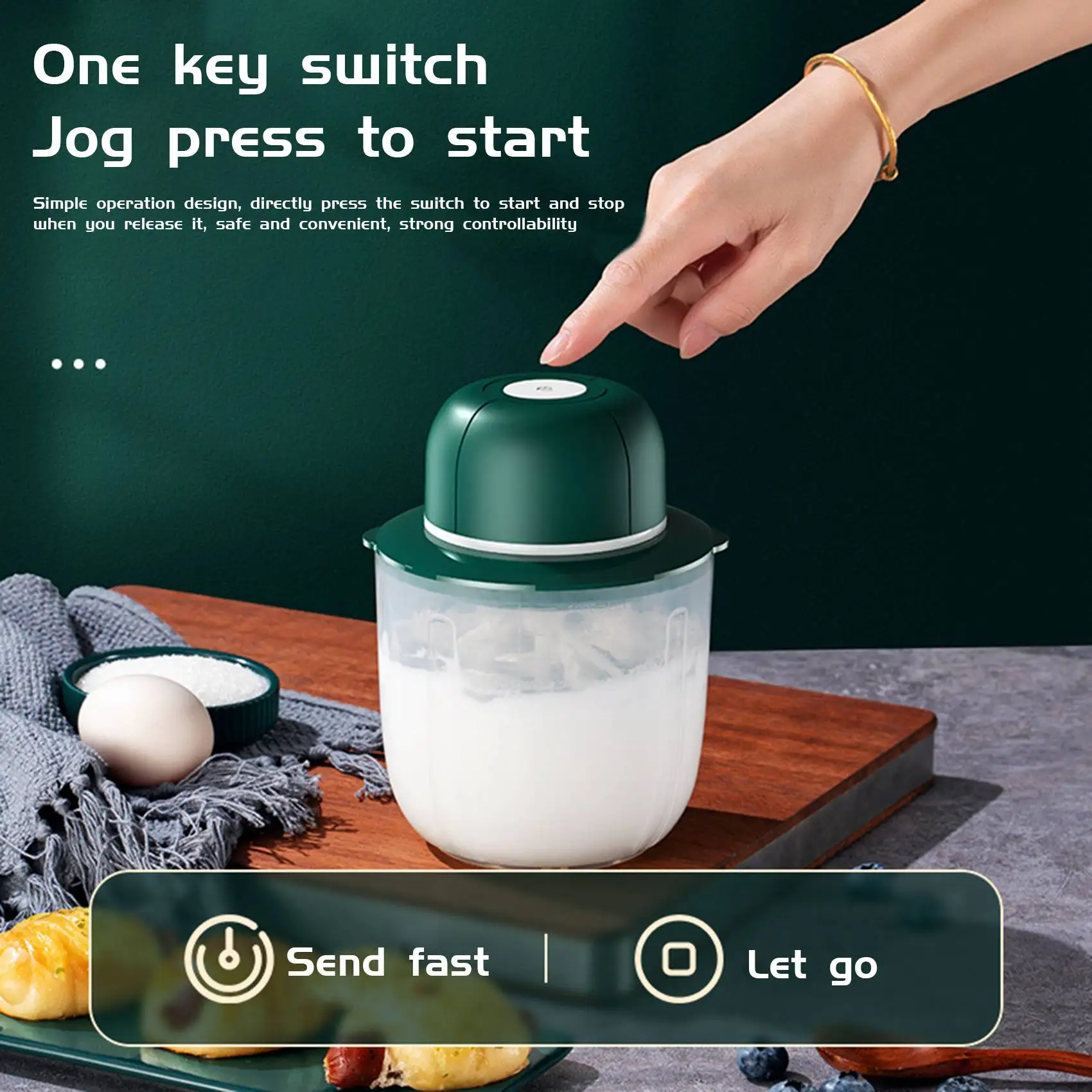 250Ml Cordless Hand Food Mixer Electric Egg Beater Milk Cream Blender USB Rechargeable for Meat Garlic Vegetable Green