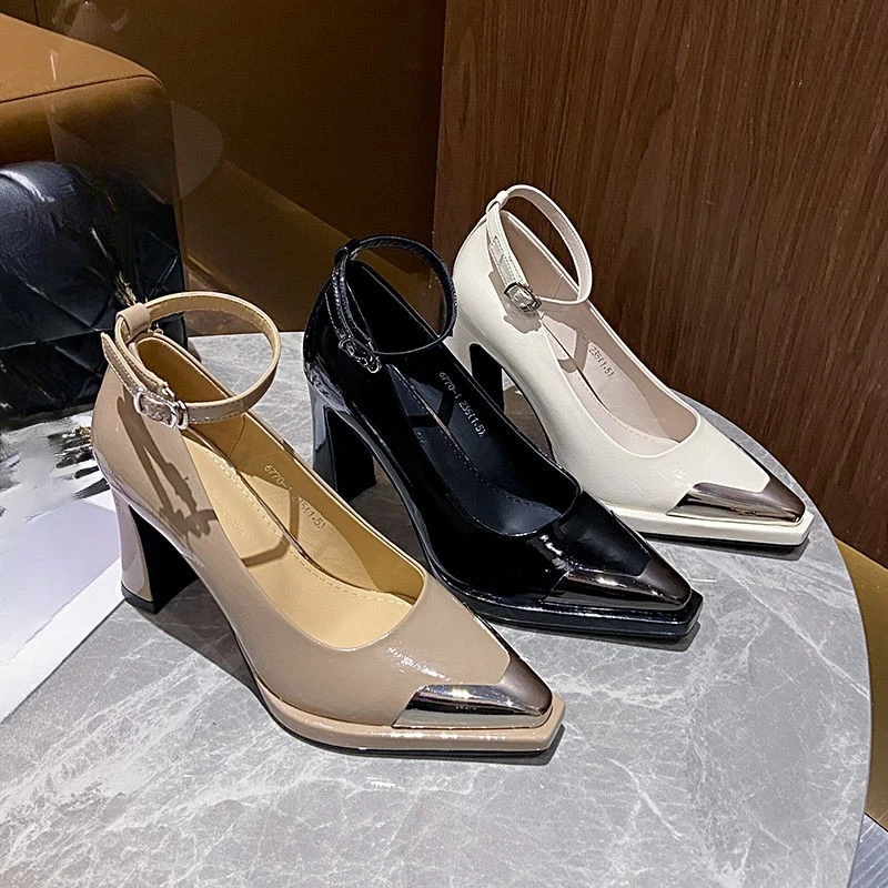 

Pointed Toe High Heels Women 2026 New European and American Fashion Patent Leather Block Heel Single Shoes
