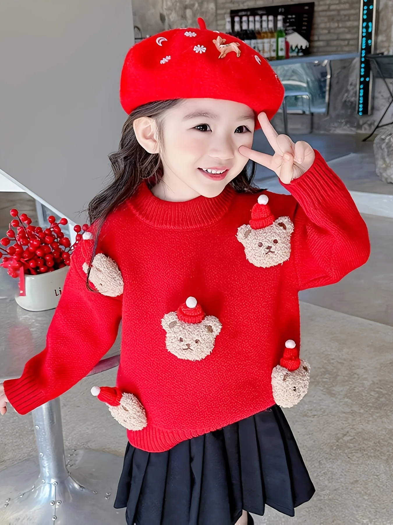 

Girls' Sweater Autumn and Winter New Style Sweater for Girls and Young Children Red Round Neck New Year's Top