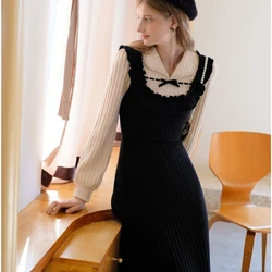 Large Size Women's French Long Sleeved Small Fragrant Style Patchwork Fake Two Piece Retro Temperament Jumpsuit Black Skirt