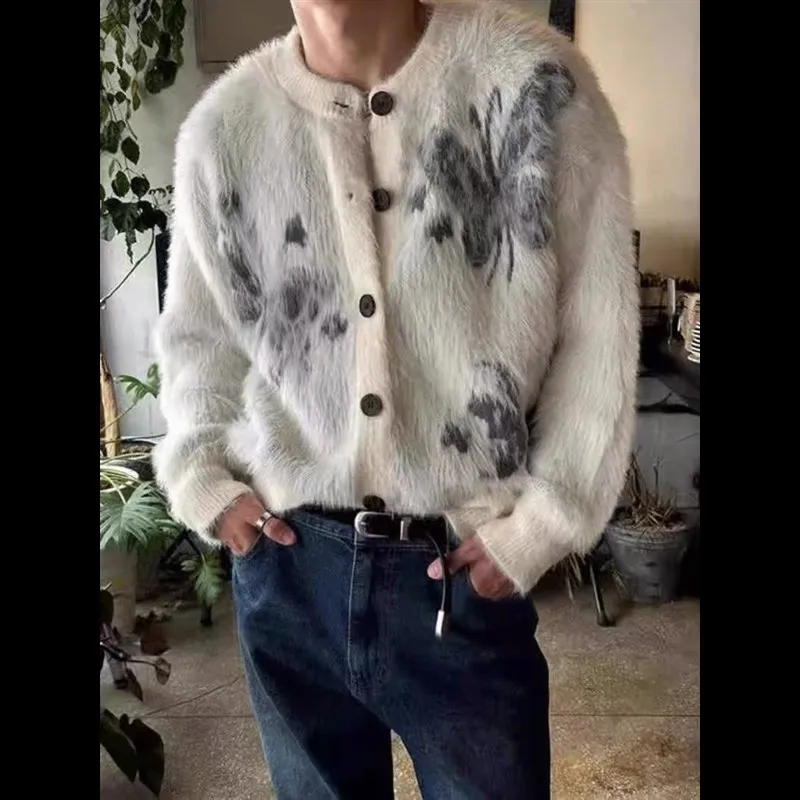 

American Retro Embroidered Long Velvet Open Cardigan Sweater Loose Men's Women's High Street Lazy Cool Knitted ...