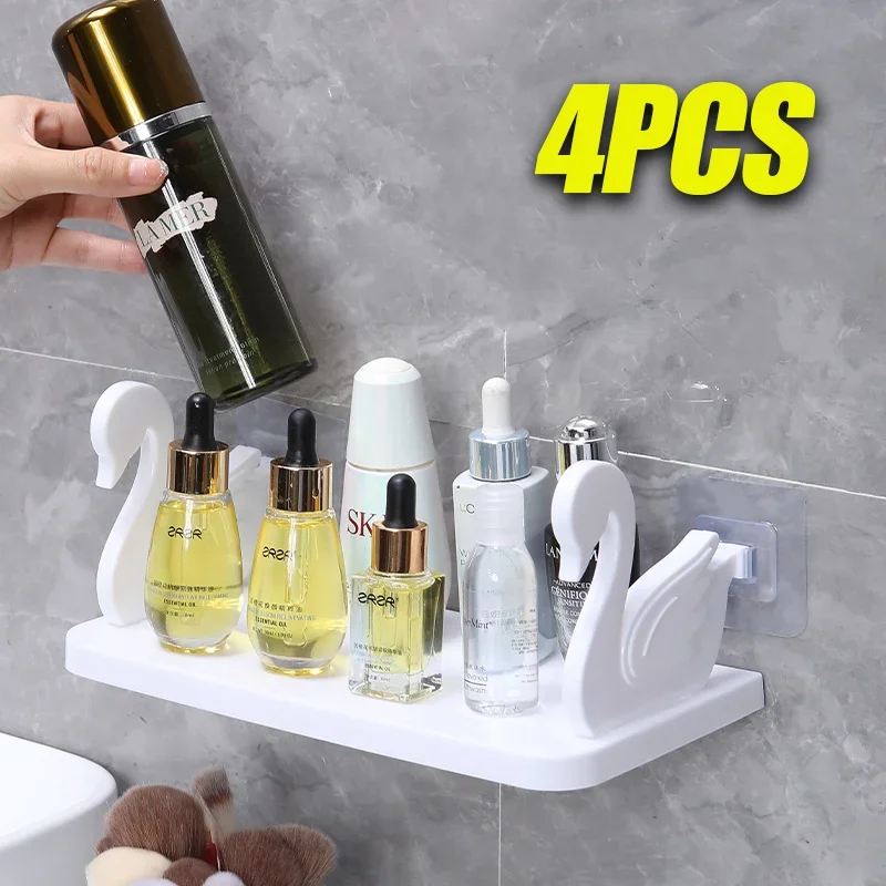 

4PCS Swan Shelf Wall Mounted Shelf No Punch Bathroom Storage Storage Rack Kitchen Organiser Bathroom Storage Shelf