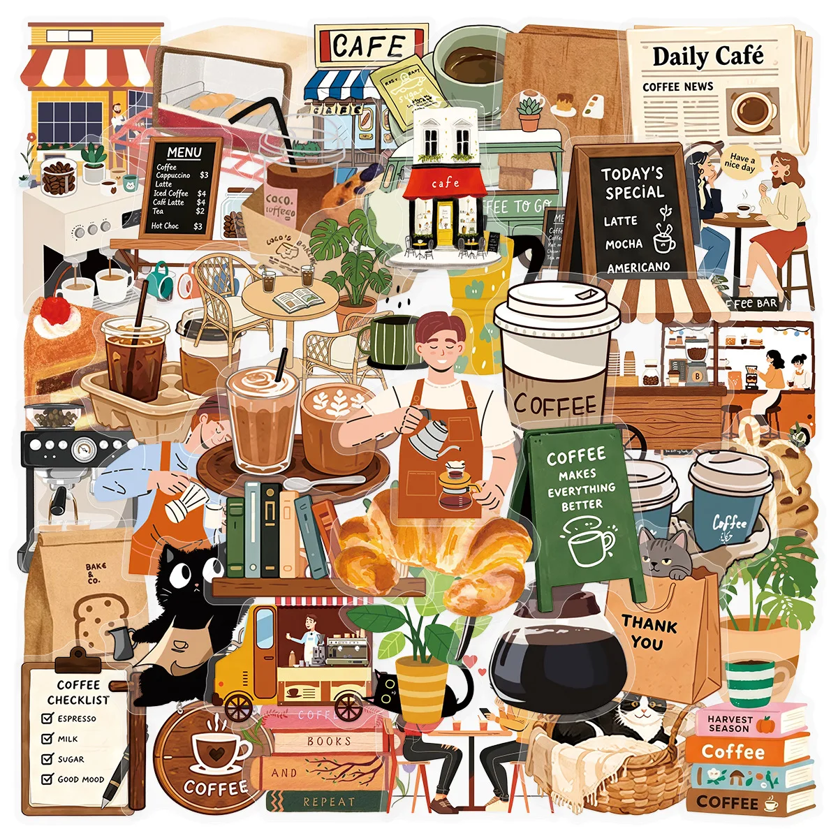 Coffee Tea Journal - 50-Pack Stiker Transparan Tema Kedai Kopi