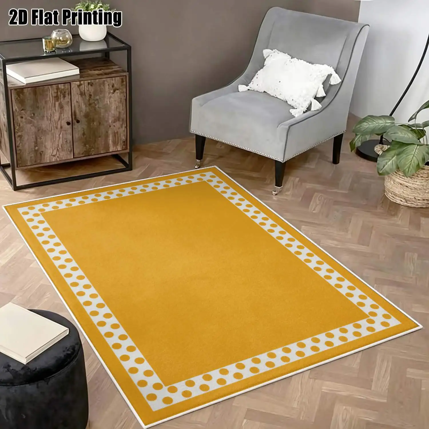 1Pc 2D Printed Velvet Carpet, Yellow Polka Dot Border, Nordic Instagram Style, Machine Washable, Multi-Size, Home Decor for Entryway, Dining Room, Bedroom, Living Room