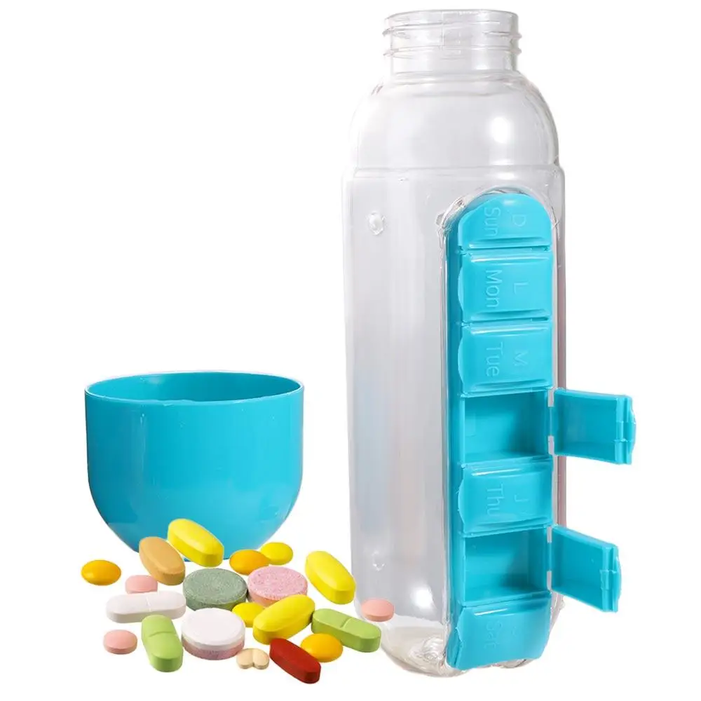 

7 Grids Medicine Box Medicine Box Water Bottle Leak-Proof 600ml Pill Boxes Sports Water Bottle Portable 2 in 1 Hiking