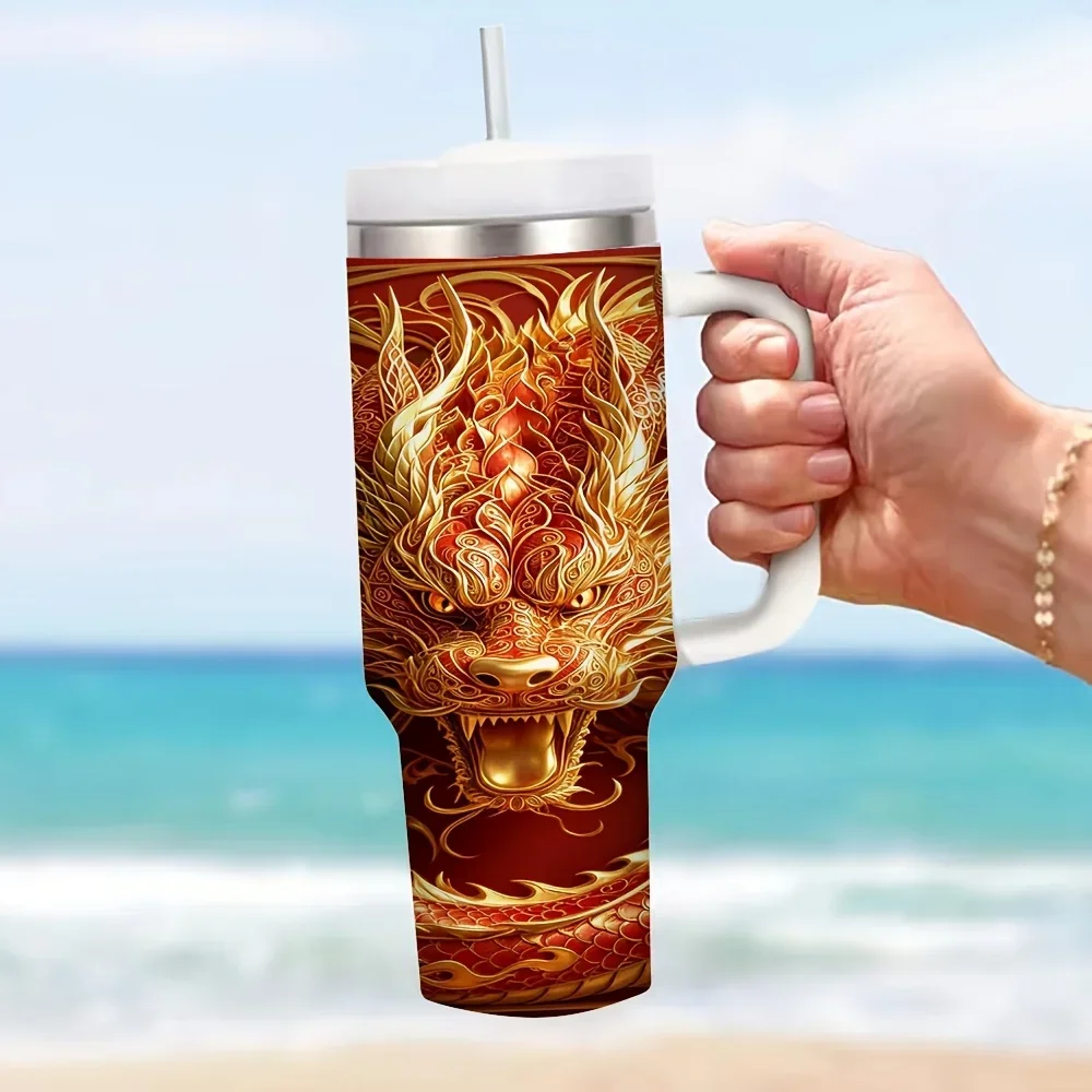 40oz Tumbler with Handle, Cool Golden Dragon Print, Keeps Drinks Hot Or Cold, Suitable for All Adults, Ideal for Daily Use, Outdoor Travel, Work And Festive Occasions