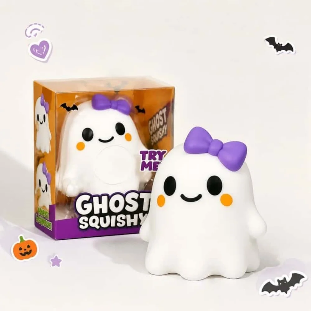 Halloween Ghost Squishy Cute Stress Relief Toy with Purple Bow, Squeeze and Bounce Stress Reliever