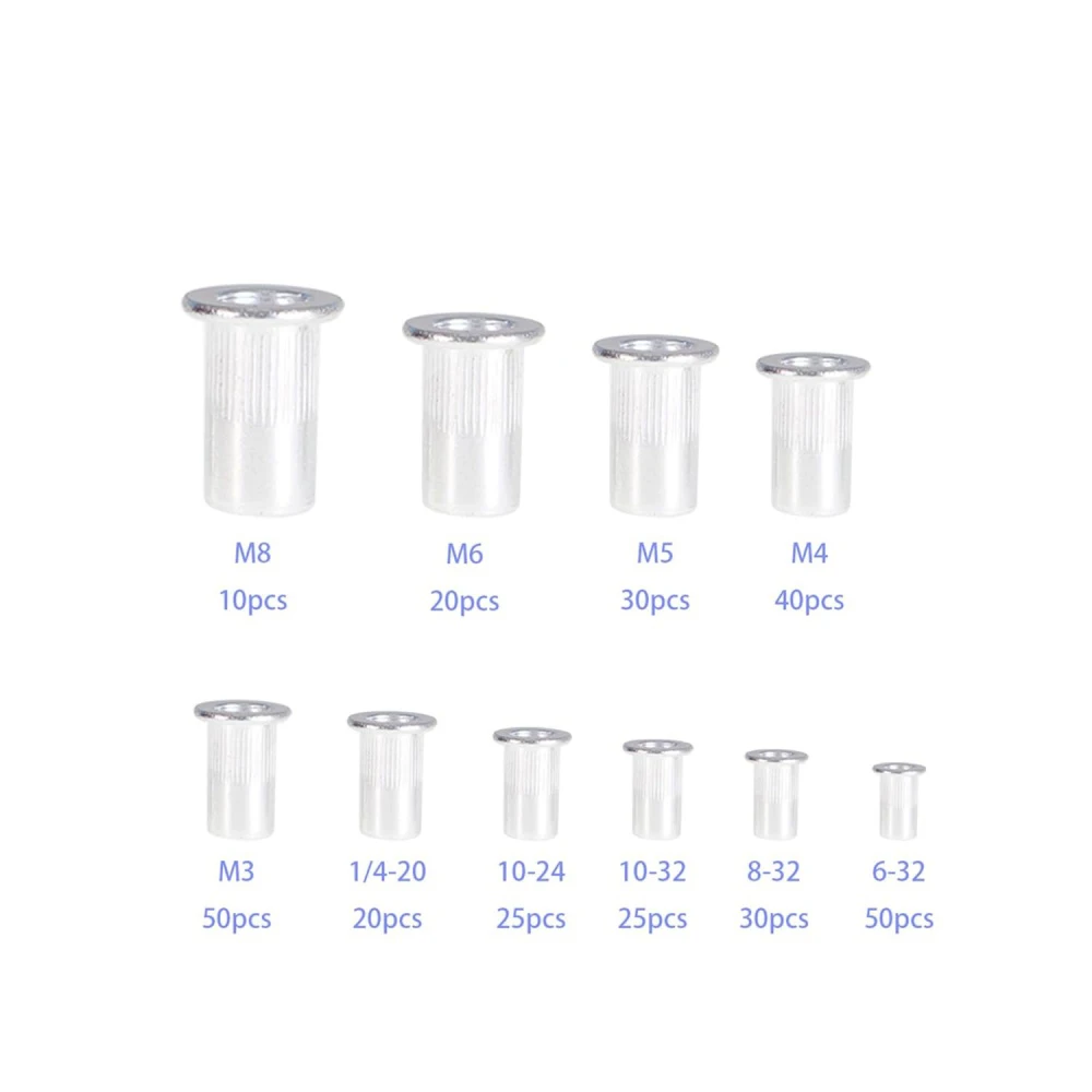 300 Pcs Rivet Nuts Kit Aluminum Flat Head Threaded Rivetnut Insert Rivet Nuts Kit Metric SAE M3-M8 6-32 8-32 10-24 10-32 1/4-20