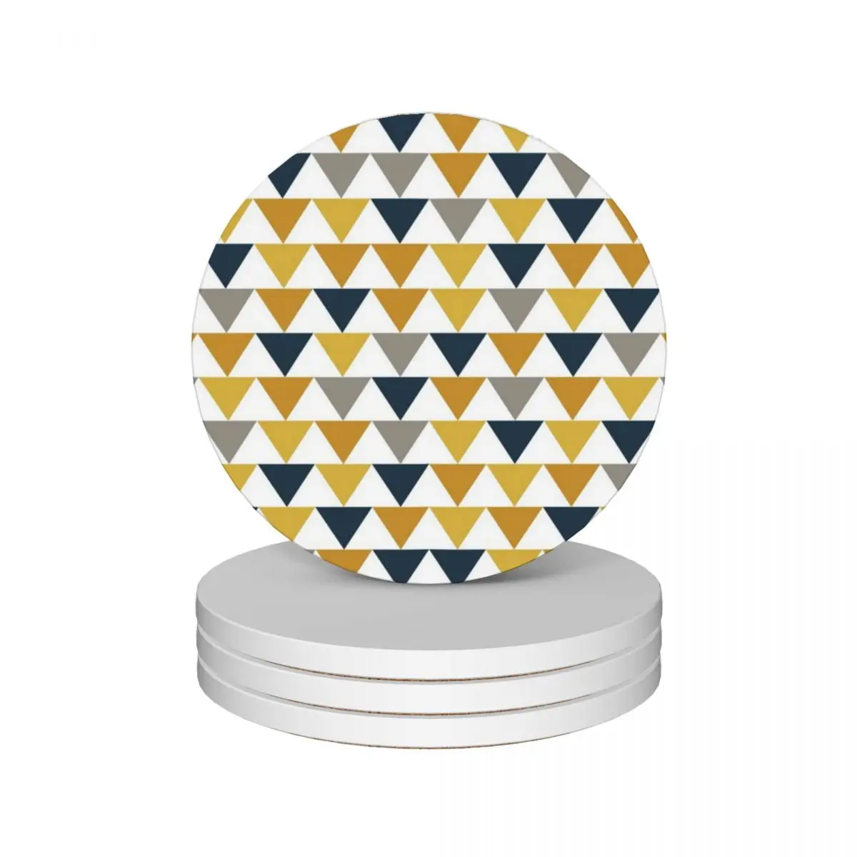 

Arrows: Light Mustard Yellow, Dark Mustard Yellow, Dark Blue, Grey, and White Geometric Pattern Ceramic Coasters (Set of 4)