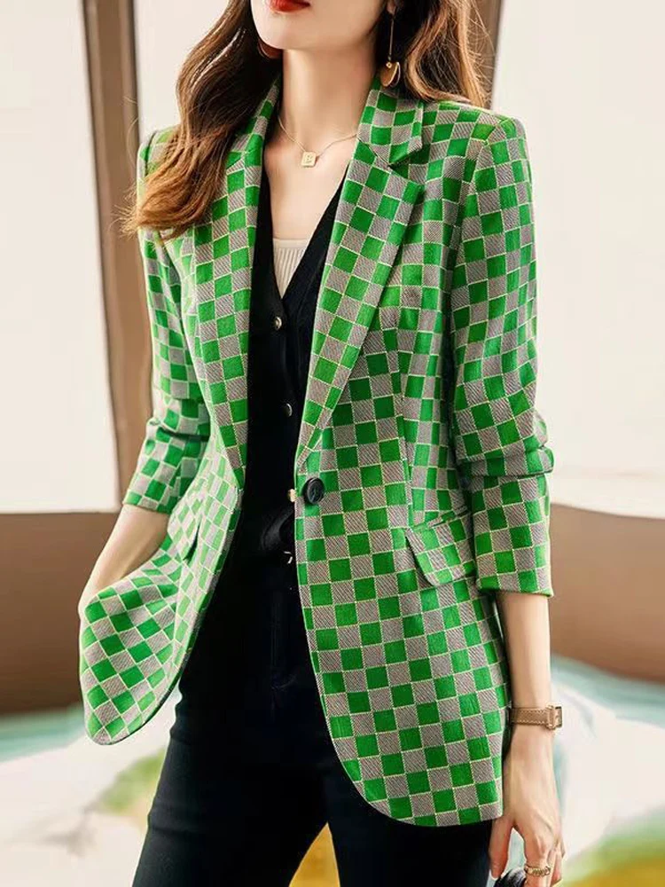 

Trendy Plaid Women's Suit Jaet Slimming Sli Commute Sle Long Sve Printed Faionable Spring Autumn High End