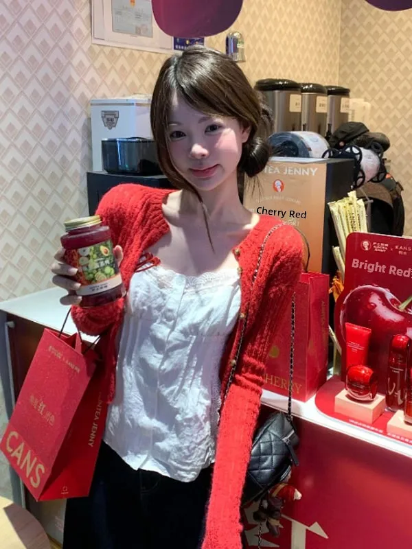 

Unique Vintage Red Open Cardigan And Strap Top Set Beautiful Ageless Complete Outfit Spring Fashion Women's Two-Piece Set