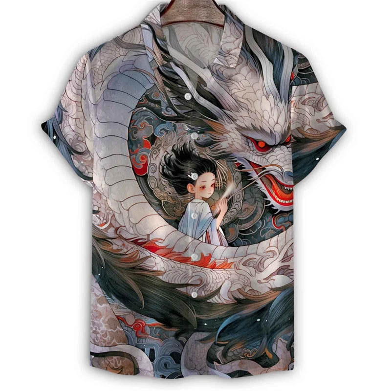 

Art Orient Dragon Painting 3d Print Shirt For Men Summer Hawaiian Short Sleeves Tee Shirts Casual Button Lapel Blouse Tops