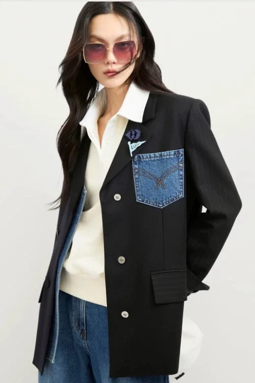 

Lemon Cheese Korean Sle Casual Wool Blend Color Blo Suit Jaet Long Sve Commute Loose Fit Single Button Closure