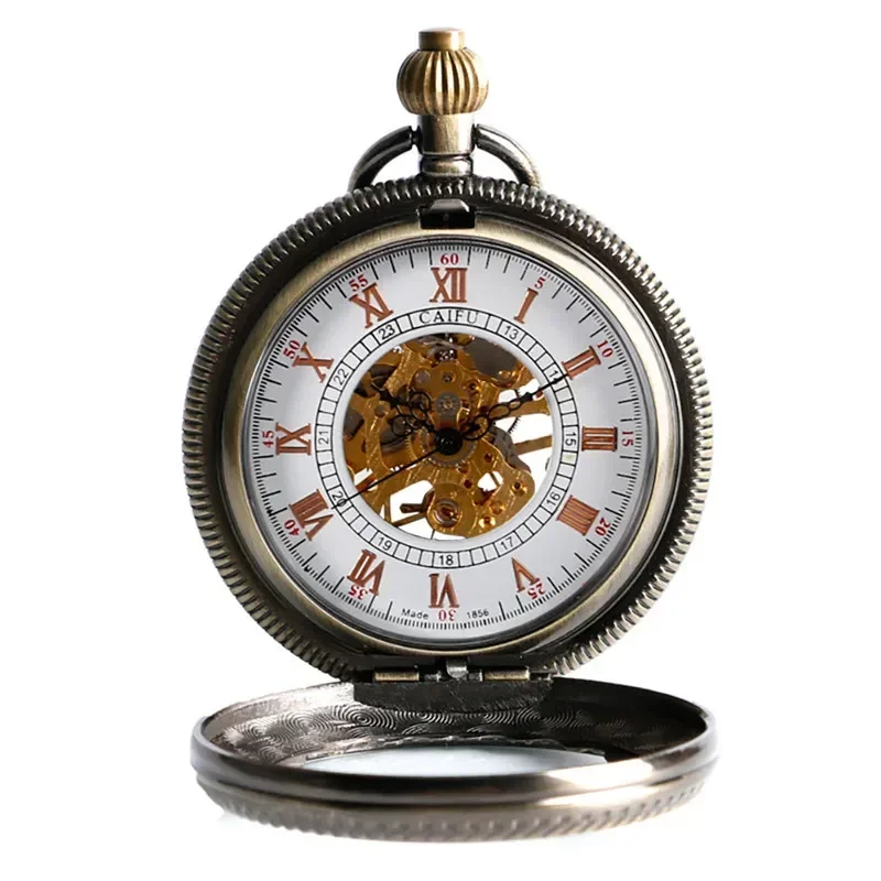 Bronze Transparent Cover Half Hunter Handwinding Mechanical Pocket Watch for Men Women Roman Number Dial Pendant Chain Gift