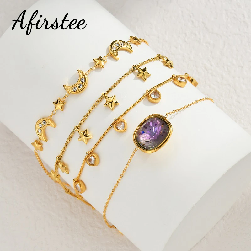 

Afirstee 4 Styles Fashion Bracelets Star Moon Shape With Rhinestone Stainless Steel Gold Color Women Charming Jewelry