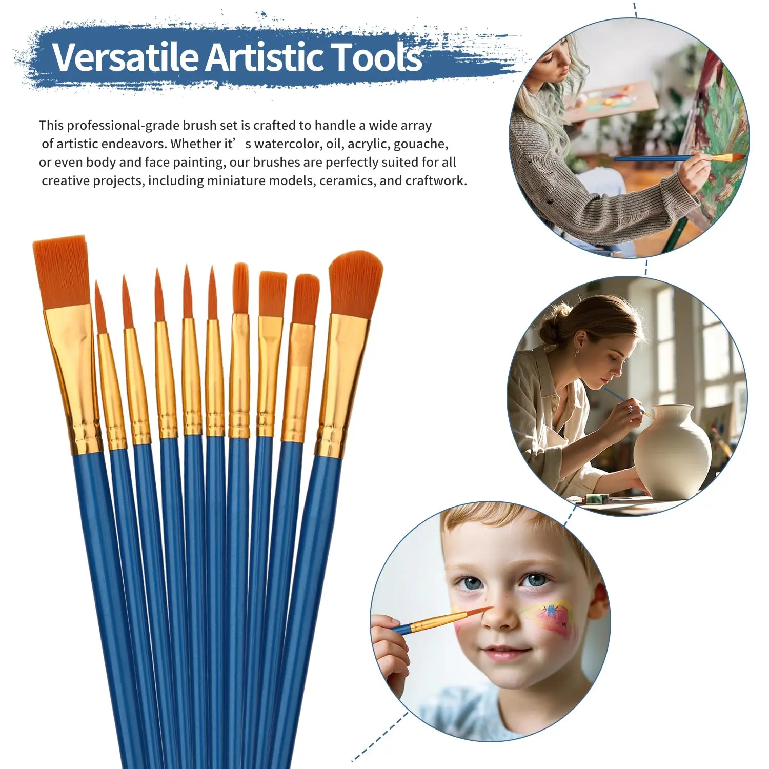 10Pcs Plastic Short Rod Art Painting Watercolor Gouache Oil Brush Multi-color Multi-functional Nylon Hair Paint Brush Artist Set