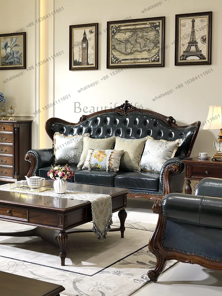 

yj9 American retro rural solid wood multi-person large apartment first layer cowhide straight row sofa