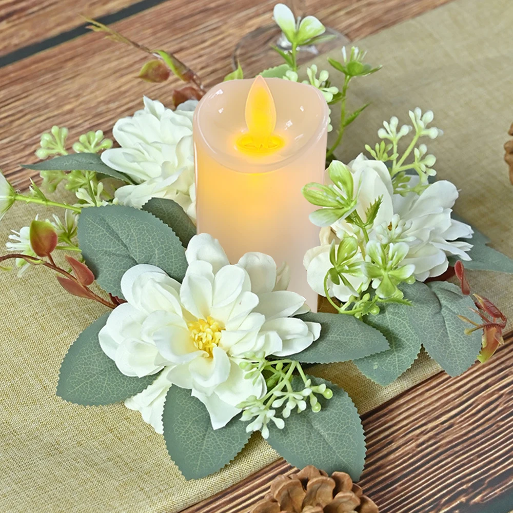 2 Stück Kerzenständer-Girlande, florale Kerzen-Mittelstücke, Dahlie-Kerzenkranz, Kerzenring, Teelichtkerze, künstlicher Pflanzenkranz – Detail 2