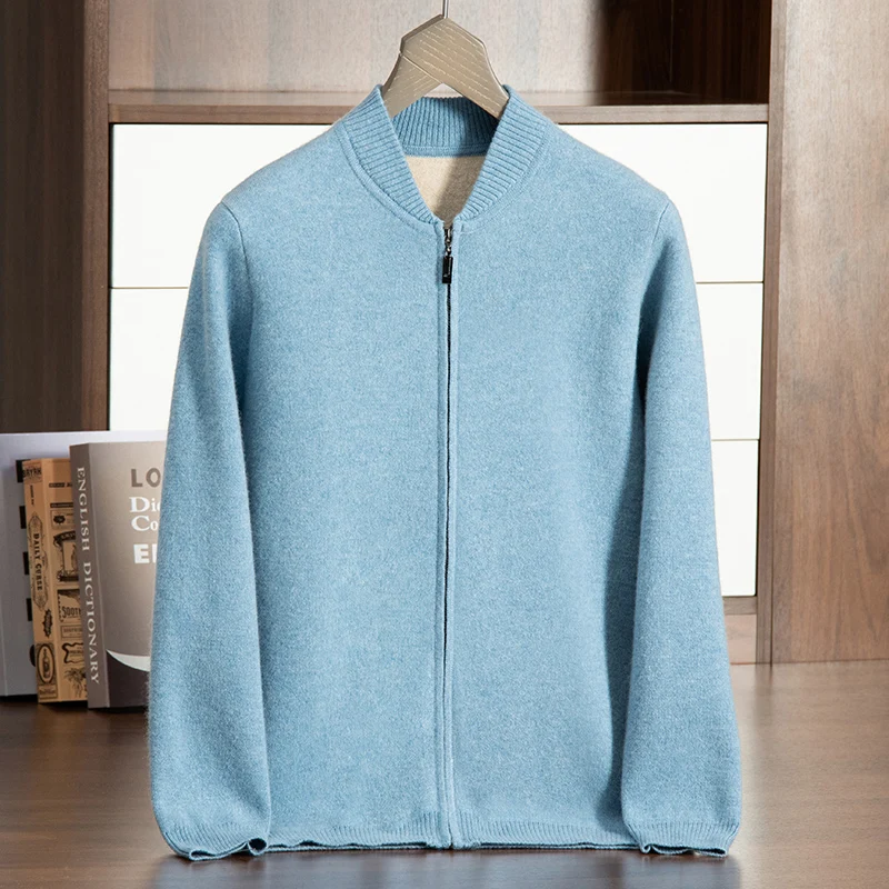 

100% pure cashmere men's air layer cardigan casual knit Sweatercoat luxury Pull round neck baseball jacket loose Jumper zipper