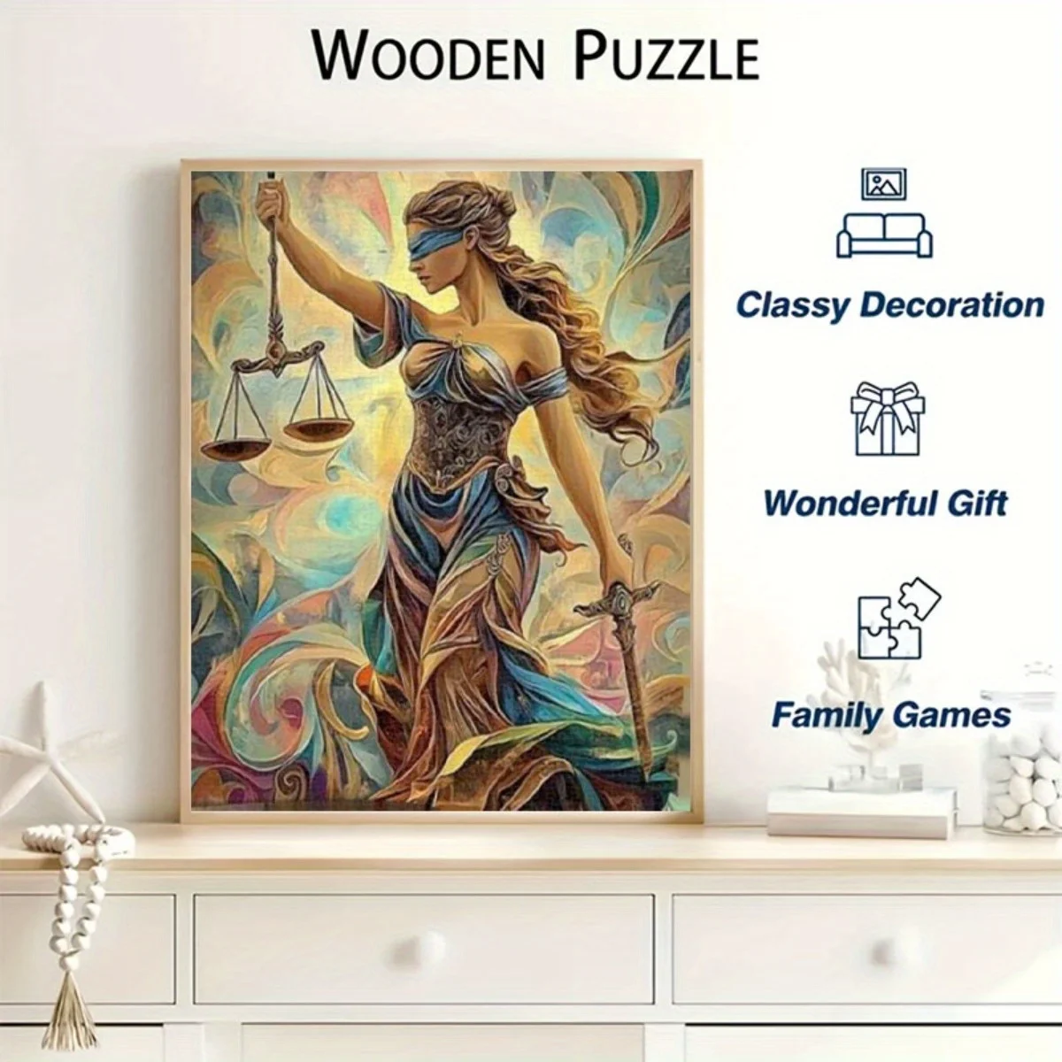 1000 قطعة من لغز العدالة للسيدات مع موازين العدالة والسيف - عداد السيدة معصوب العينين، لغز تشالنجر كبير بدون إطار لـ A
