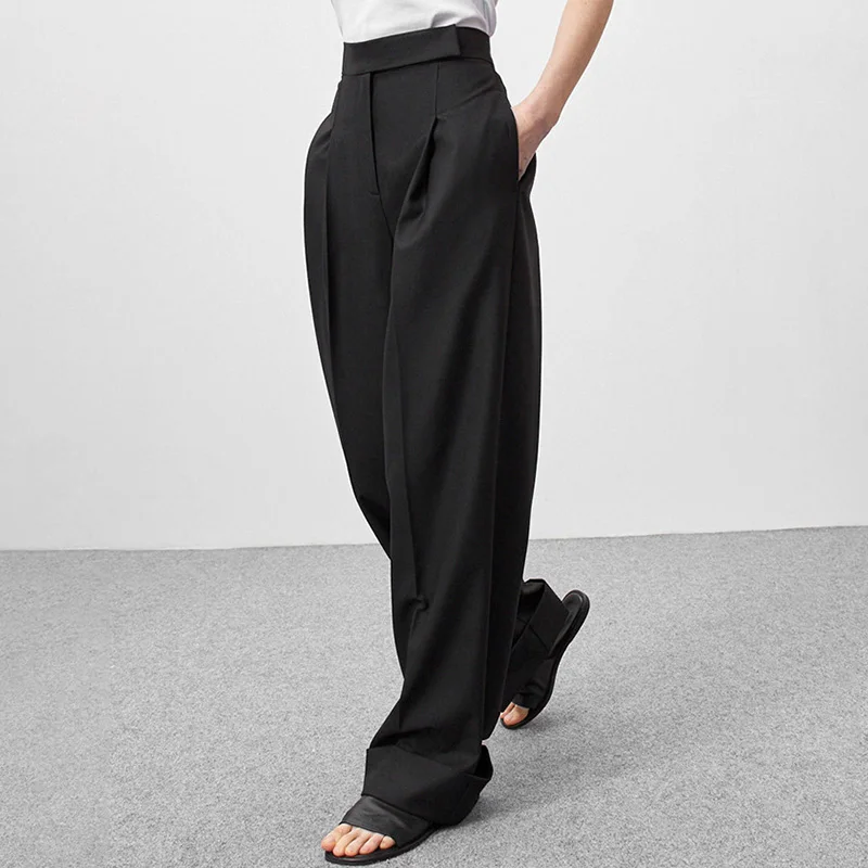 

Spring Summer Black Ladies Office Trousers Women High Waist Pants Pockets Female Pleated Wide Leg Pants Solid 2024