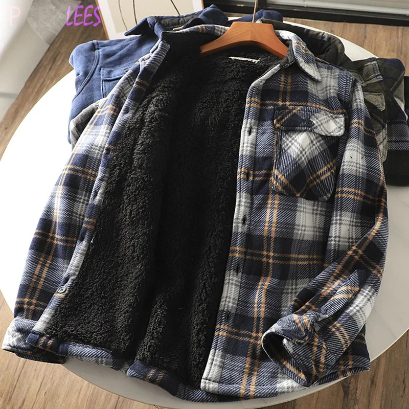 Mens Fleece Plaid Shirts Jacket Winter Casual Long Sleeve Flannel Thermal Shirt Men Streetwear Vintage Shirt Button Up