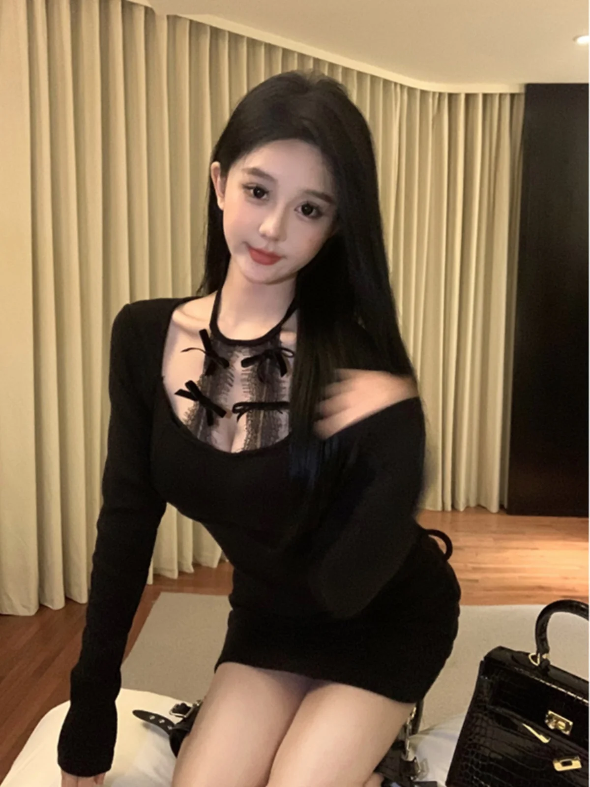 

Spring Early Pure Desire Girl Halter Splice Bodycon Dress Women's Sweet And Sexy Waist Cinch Pleated Knot Dress