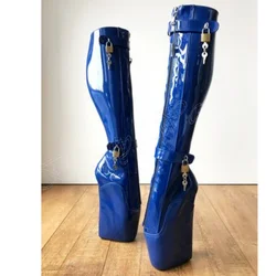 Botas de Ballet con decoración de cerradura azul para Mujer, zapatos de tacón alto, punta redonda, cordones cruzados, pasarela, 2023