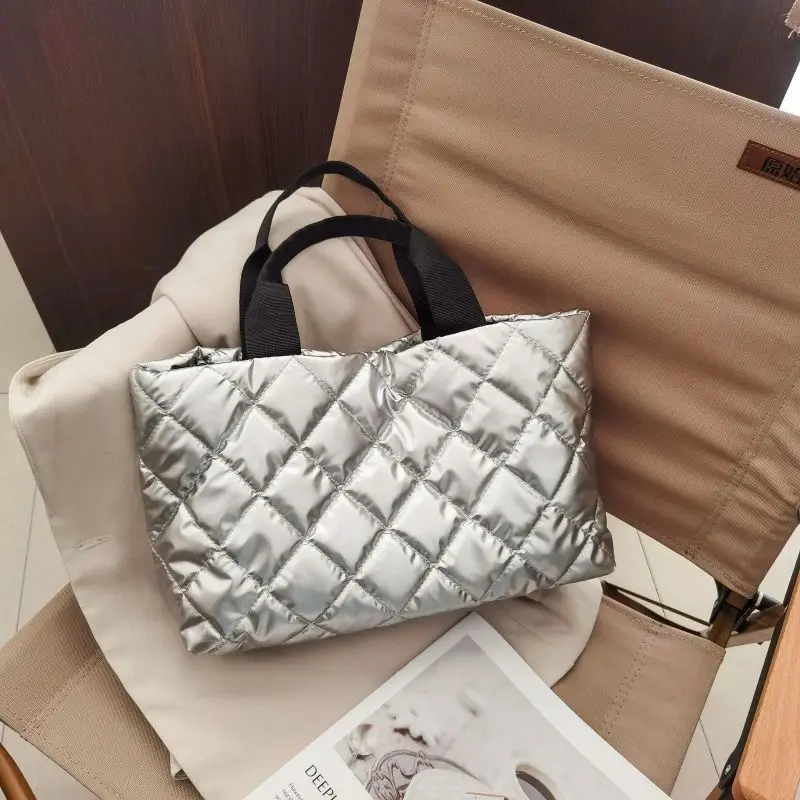 

Autumn Winter Shiny Cotton Tote Bag Fashion Quilted Grid Large Capacity Casual Western-Style Shoulder Bag