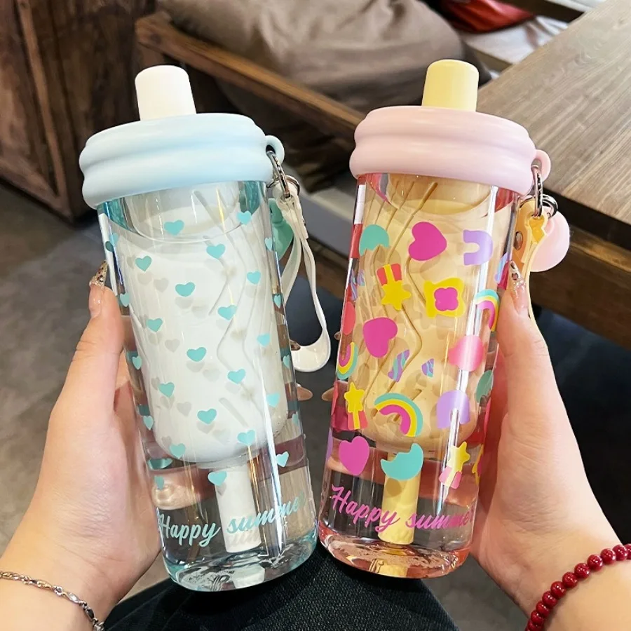 

Dopamine color matching high-color value portable girls straw water cup tea students new cute printed plastic cups
