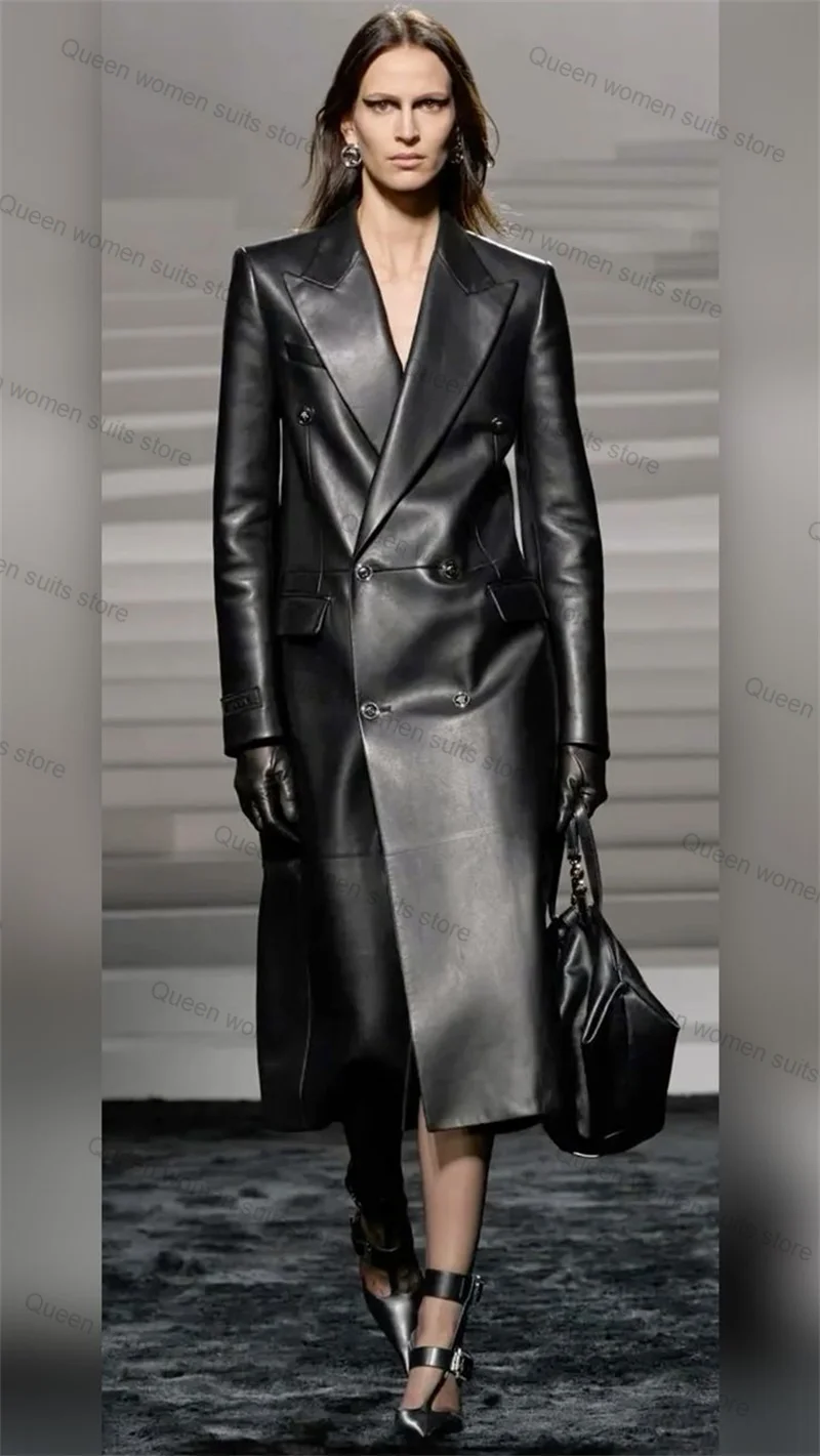 

Black PU Leather Women Suit 1 Piece Long Blazer Double Breasted Formal Office Business Lady Jacket Wedding Prom Coat Customized