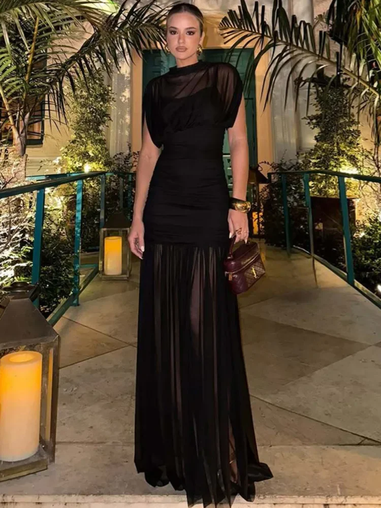 XIAOTANG Mesh Sleeveless Sexy Maxi Dress Women Gown Elegant Half High Collar High Waist Bodycon Ruched Club Party Long Dresses