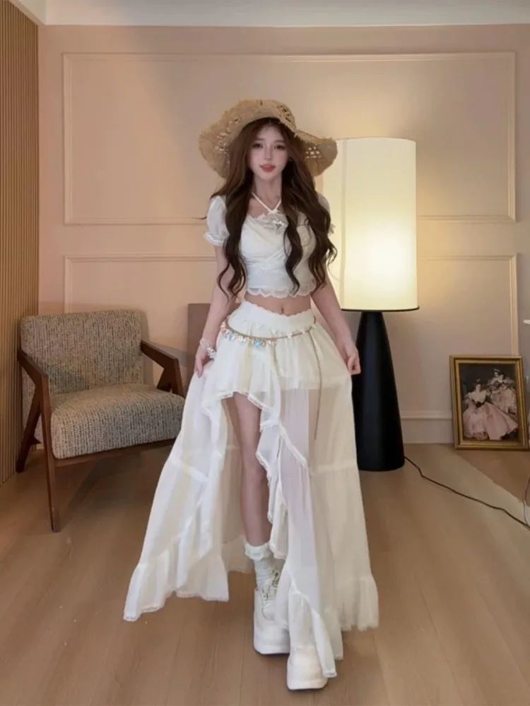 

Beach Vacation Lace Trim Halter Neck Top High Waist Asymmetrical Skirt Three Piece Set Women Summer Pure Desire Beautiful