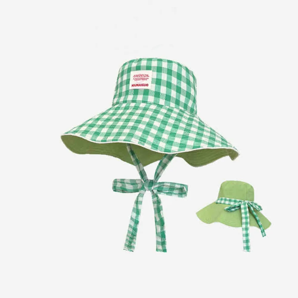 

Korean Summer Plaid Bucket Cap Two-sided Wide Brim Sunscreen Hat Sweet Tie Strap Fisherman Caps Outdoor