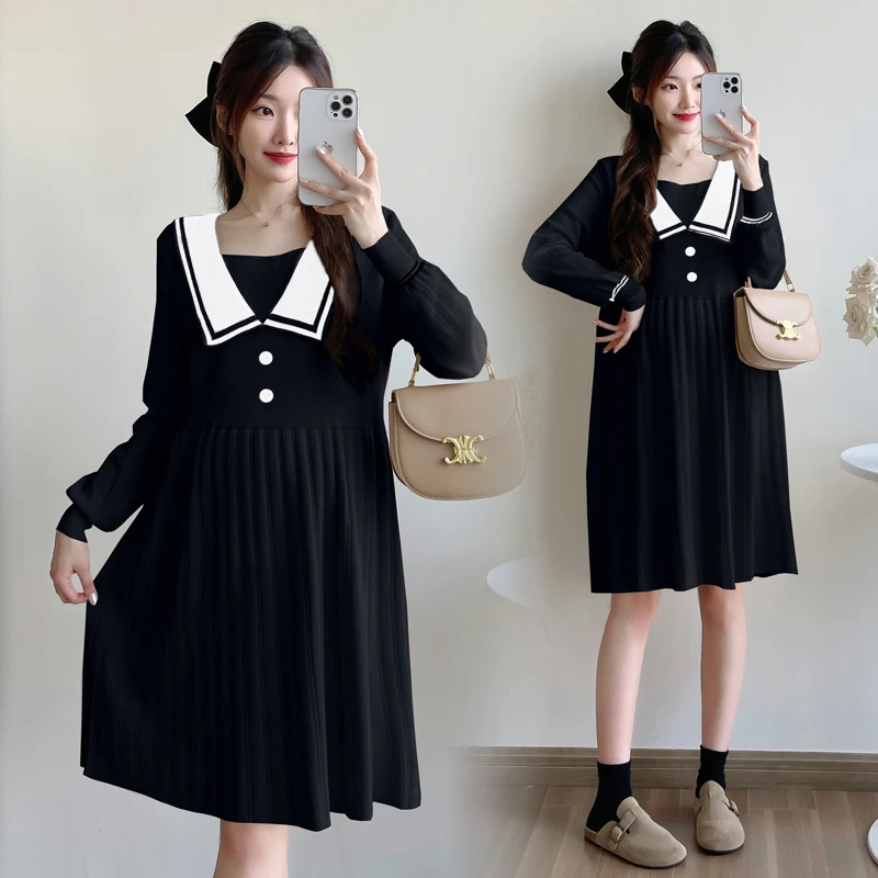 Autumn and Winter Preppy Style Maternity Knitted Dress Plus Size Pregnant Women's Dress Block Color Loose Pregnancy Clothes