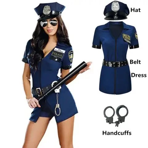 NEW Carnival Halloween Lady Police Sheriff Jumpsuit Costume Clubwear Role Play With Accessories Cosplay Fancy Party Dress