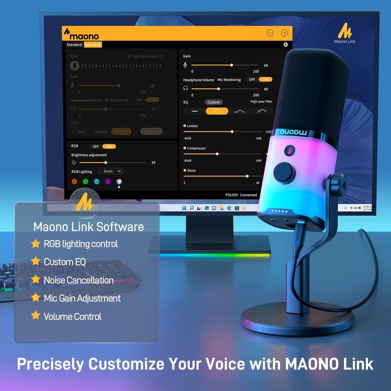 Maono PD100X XLR/USB Gaming RGB Microphone for Gaming Live Streaming Software Programmable Mute Volume Control Gain Control