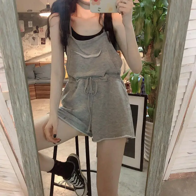 Summer  Korean Sle High Waist Slimming Strap Onesie orts Women's Loose Faionable Casual Pants Tee-Quarter Length
